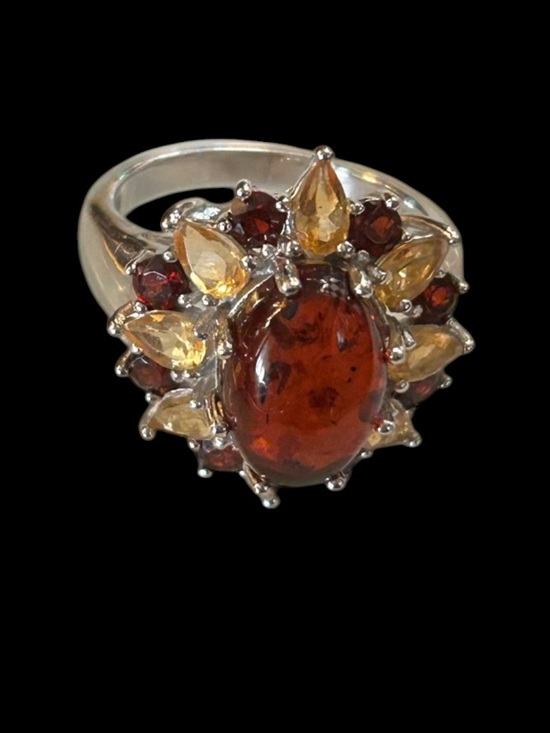 Vintage Jewelry - Vintage Baltic Amber Citrine & Garnet Sterling Silver Cocktail Ring